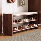 Panchina per Scarpe in Legno Massello Minimalista Moderna con Pelle PU a Due Ripiani per Soggiorno