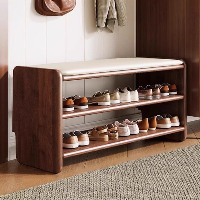 Panchina per Scarpe in Legno Massello Minimalista Moderna con Pelle PU a Due Ripiani per Soggiorno