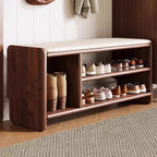 Panchina per Scarpe in Legno Massello Minimalista Moderna con Pelle PU a Due Ripiani per Soggiorno