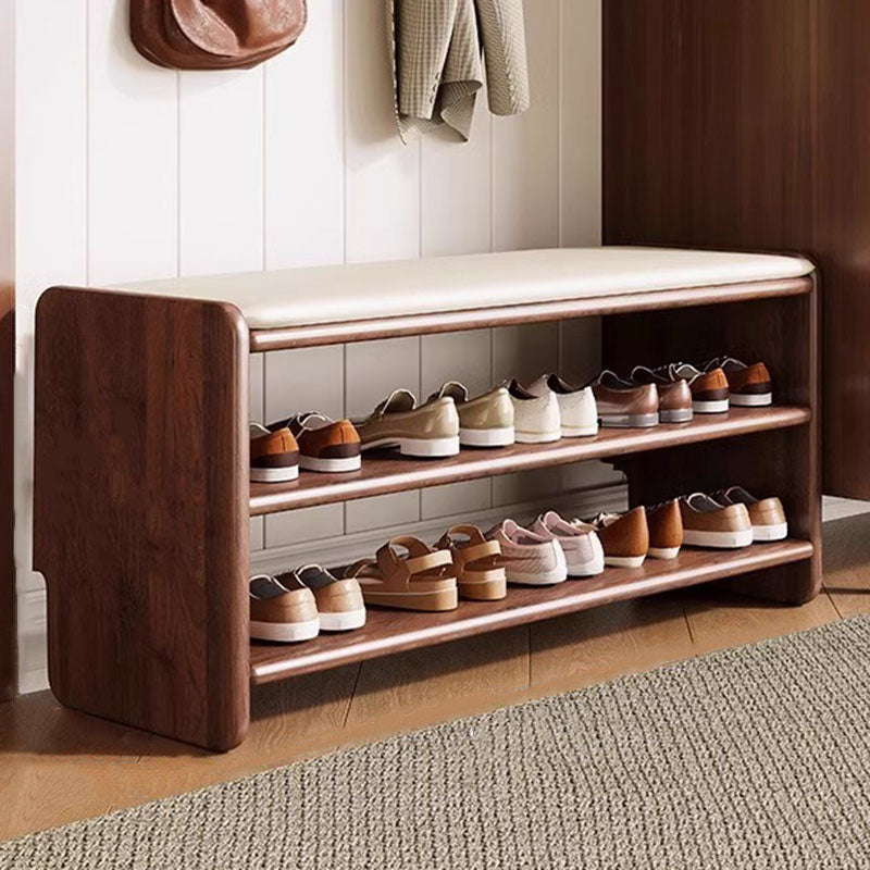 Panchina per Scarpe in Legno Massello Minimalista Moderna con Pelle PU a Due Ripiani per Soggiorno