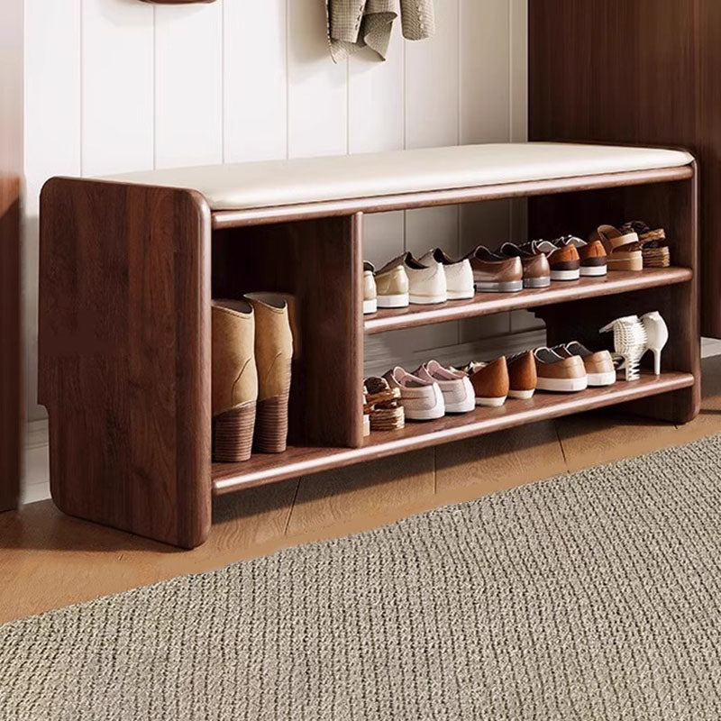 Panchina per Scarpe in Legno Massello Minimalista Moderna con Pelle PU a Due Ripiani per Soggiorno