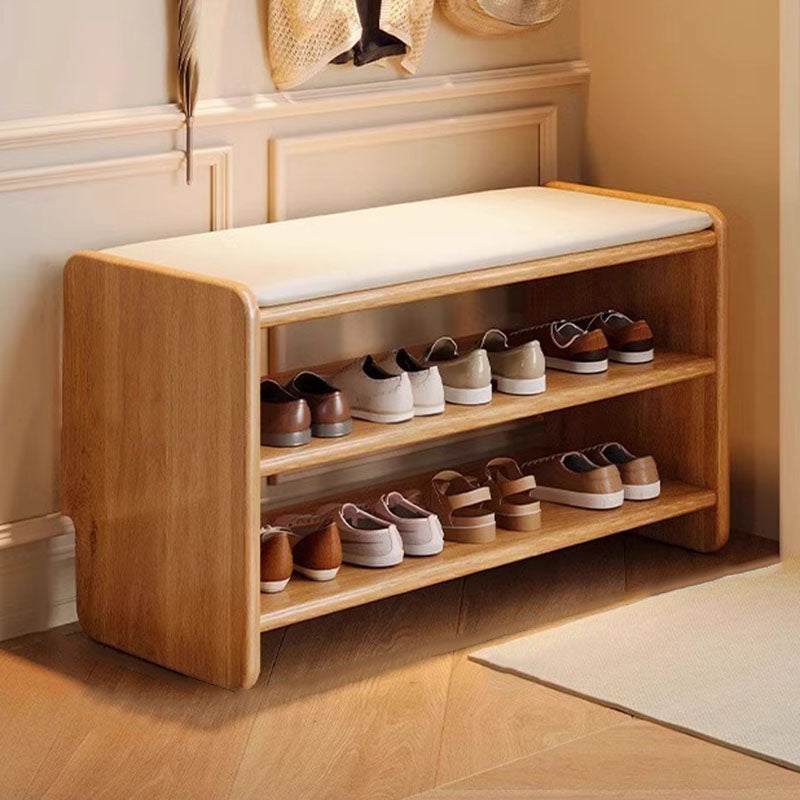 Panchina per Scarpe in Legno Massello Minimalista Moderna con Pelle PU a Due Ripiani per Soggiorno