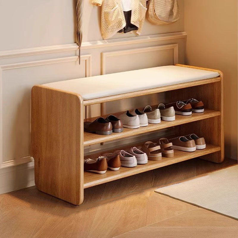 Panchina per Scarpe in Legno Massello Minimalista Moderna con Pelle PU a Due Ripiani per Soggiorno