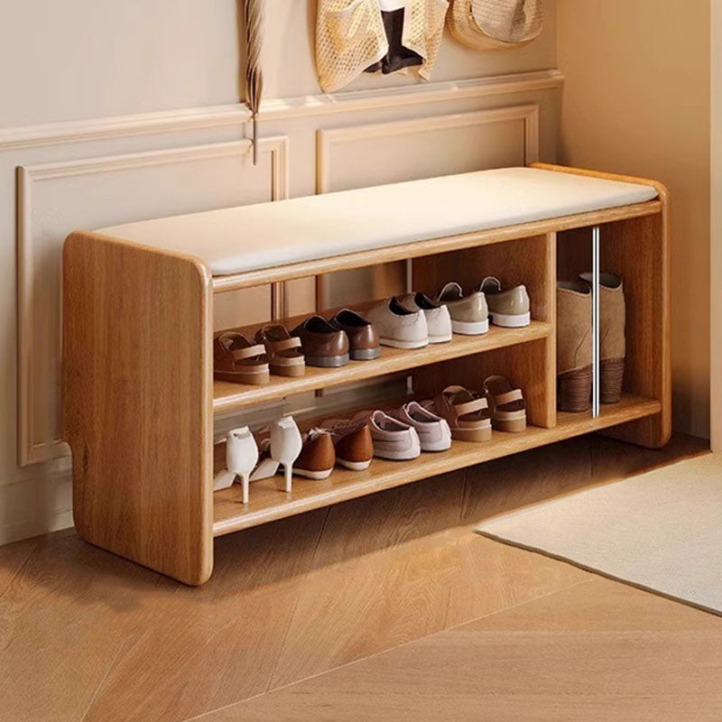 Panchina per Scarpe in Legno Massello Minimalista Moderna con Pelle PU a Due Ripiani per Soggiorno