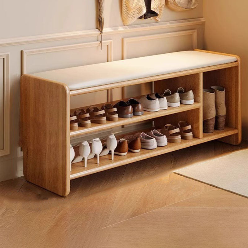 Panchina per Scarpe in Legno Massello Minimalista Moderna con Pelle PU a Due Ripiani per Soggiorno