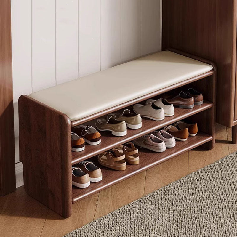 Panchina per Scarpe in Legno Massello Minimalista Moderna con Pelle PU a Due Ripiani per Soggiorno