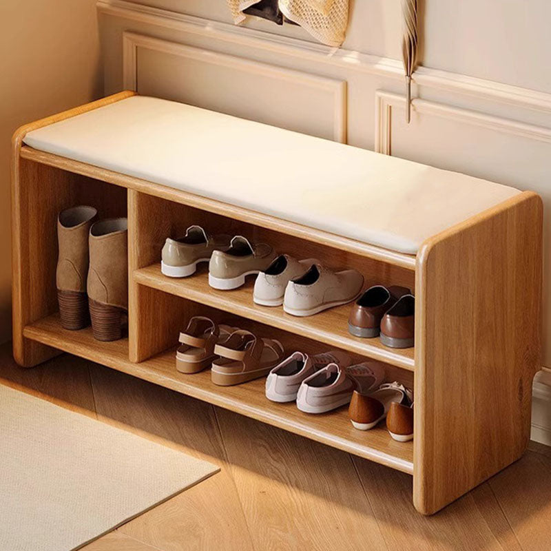 Panchina per Scarpe in Legno Massello Minimalista Moderna con Pelle PU a Due Ripiani per Soggiorno