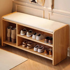 Panchina per Scarpe in Legno Massello Minimalista Moderna con Pelle PU a Due Ripiani per Soggiorno