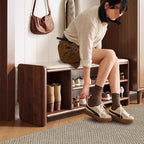 Panchina per Scarpe in Legno Massello Minimalista Moderna con Pelle PU a Due Ripiani per Soggiorno