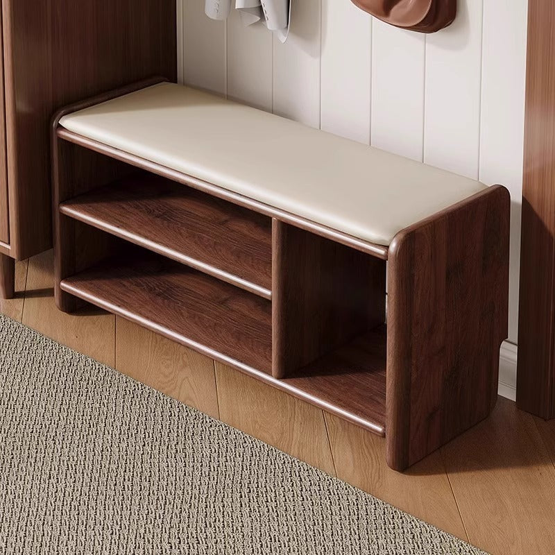 Panchina per Scarpe in Legno Massello Minimalista Moderna con Pelle PU a Due Ripiani per Soggiorno