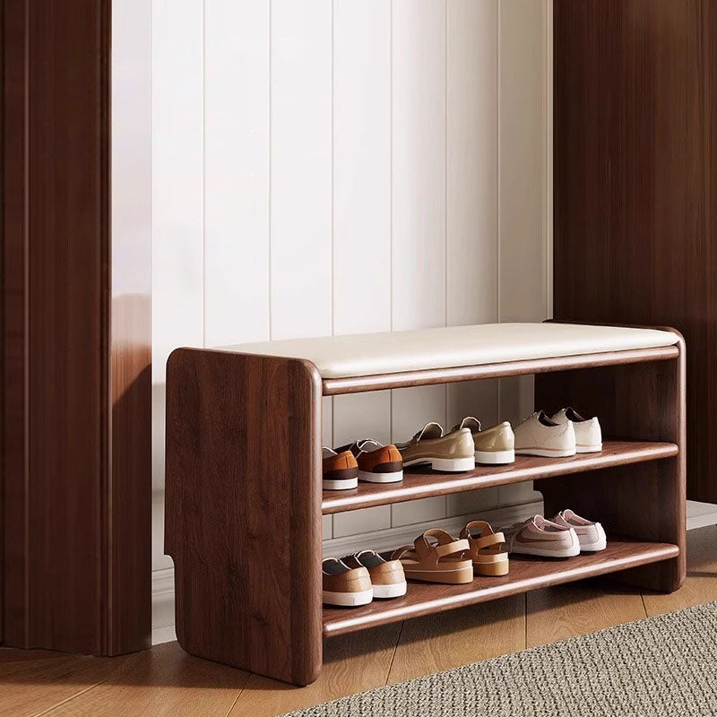 Panchina per Scarpe in Legno Massello Minimalista Moderna con Pelle PU a Due Ripiani per Soggiorno