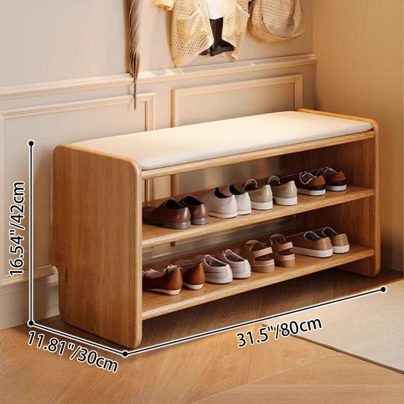 Panchina per Scarpe in Legno Massello Minimalista Moderna con Pelle PU a Due Ripiani per Soggiorno