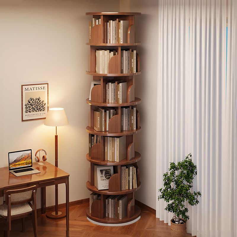 Libreria Rotante Moderna Minimalista in Bambù, Metallo e MDF da Pavimento 3/4/5/6/7 Ripiani per Studio