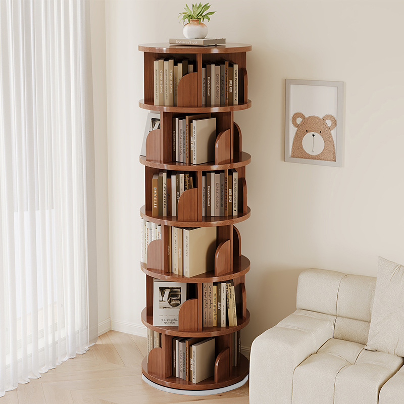 Libreria Rotante Moderna Minimalista in Bambù, Metallo e MDF da Pavimento 3/4/5/6/7 Ripiani per Studio