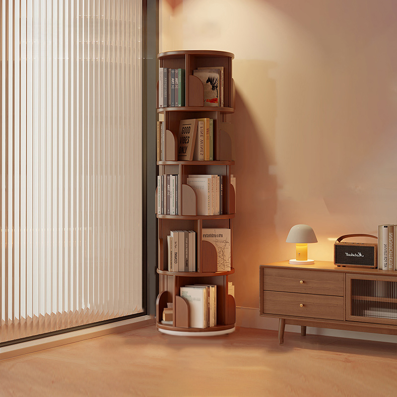 Libreria Rotante Moderna Minimalista in Bambù, Metallo e MDF da Pavimento 3/4/5/6/7 Ripiani per Studio