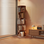 Libreria Rotante Moderna Minimalista in Bambù, Metallo e MDF da Pavimento 3/4/5/6/7 Ripiani per Studio