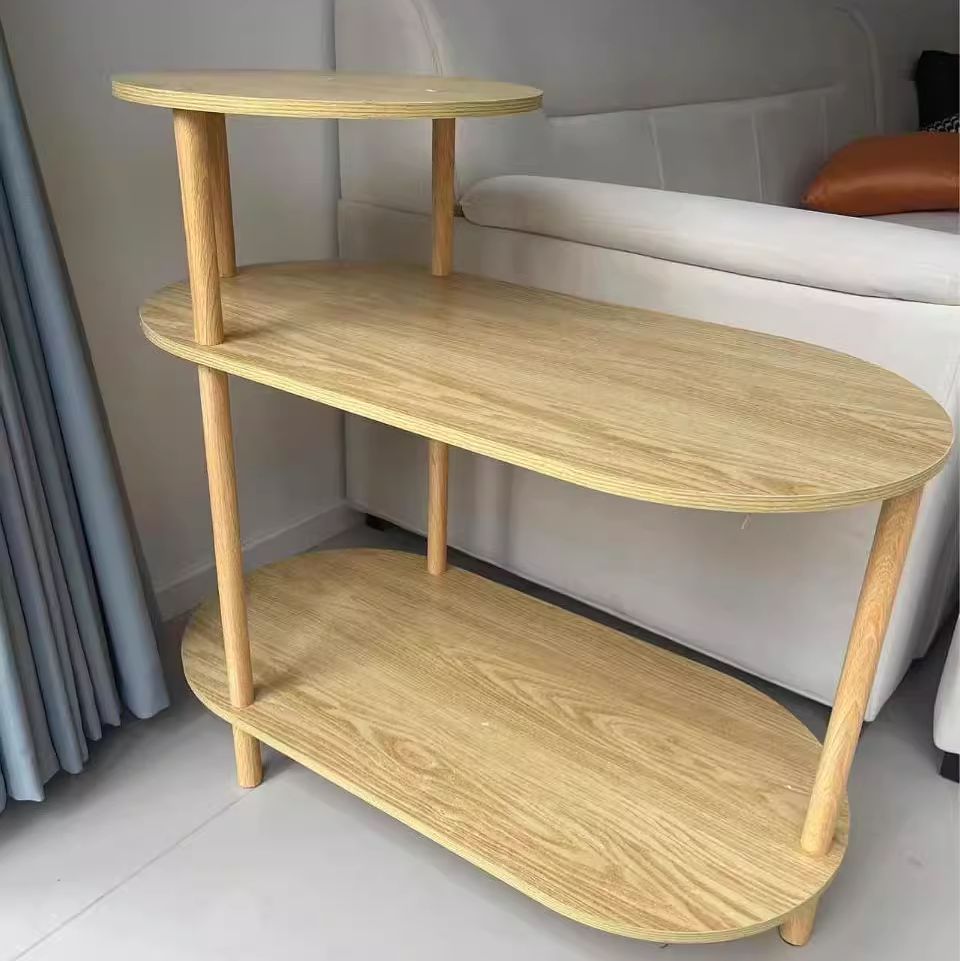 Tavolino Moderno Minimalista Rotondo Ovale in Legno Massello a 3 Ripiani per Soggiorno