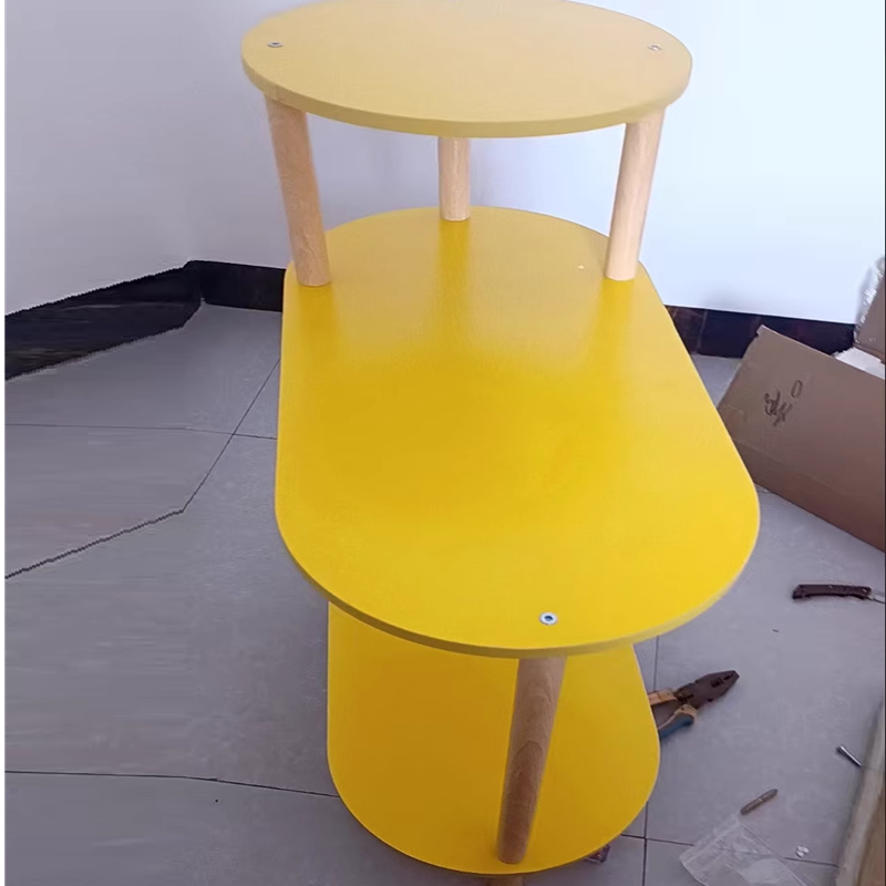 Tavolino Moderno Minimalista Rotondo Ovale in Legno Massello a 3 Ripiani per Soggiorno