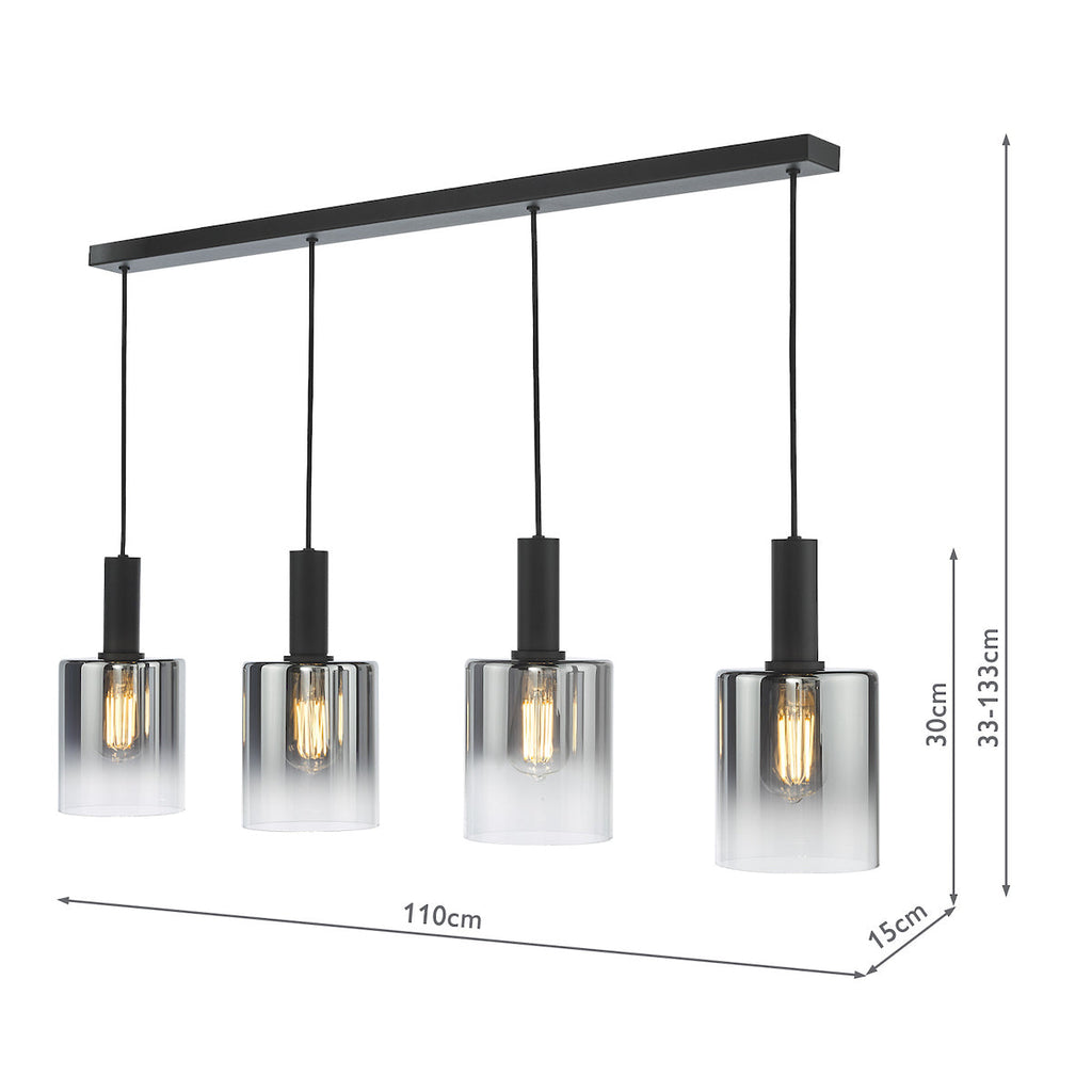 Dar Savannah 4 Light Bar Pendant Nero Opaco e Vetro Fumé