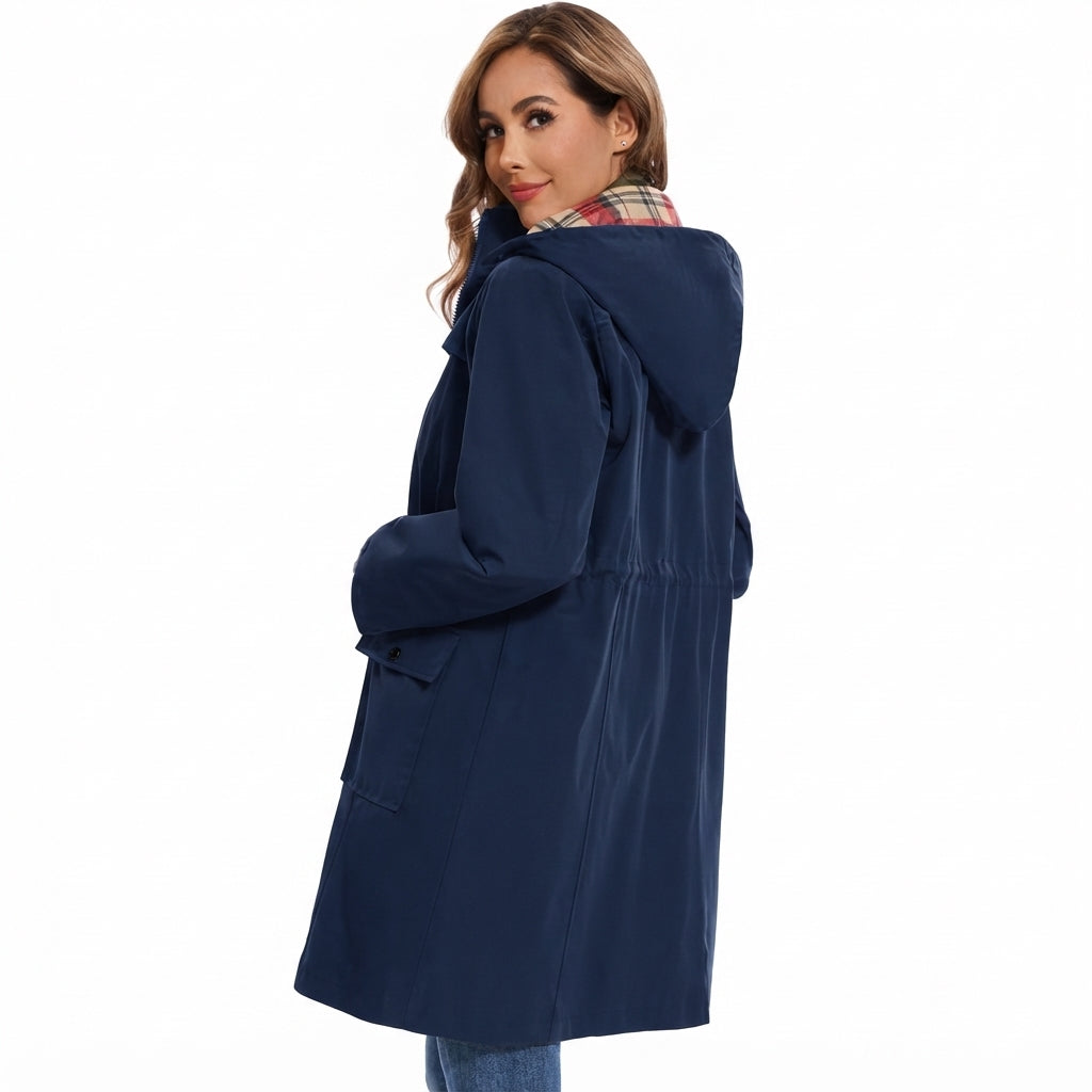 Giacca da Donna Impermeabile con Cappuccio – Impermeabile con Fodera in Pile a Quadri