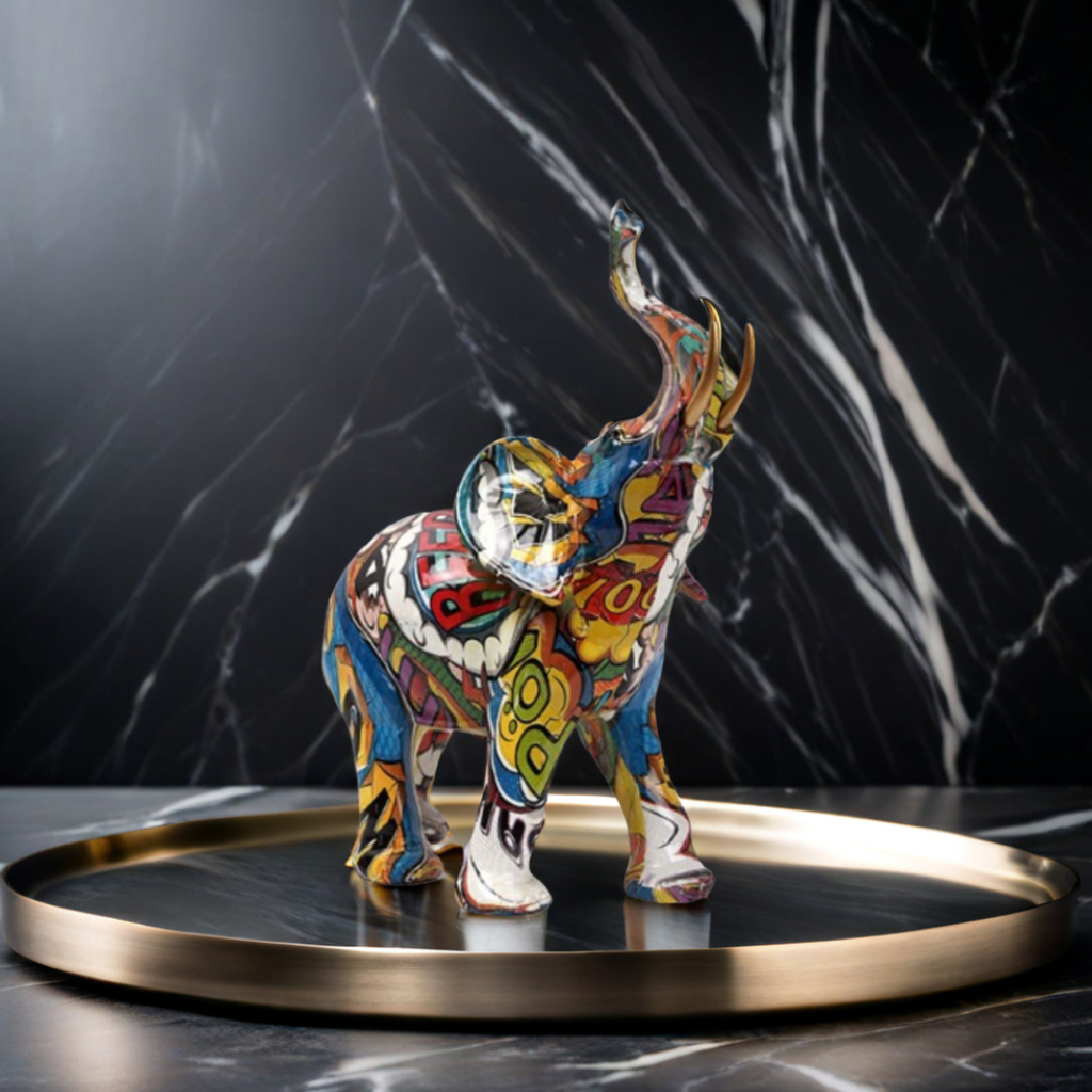 Elara Haus Figurina di Elefante Astratta in Graffiti con Accento in Zanna d'Oro