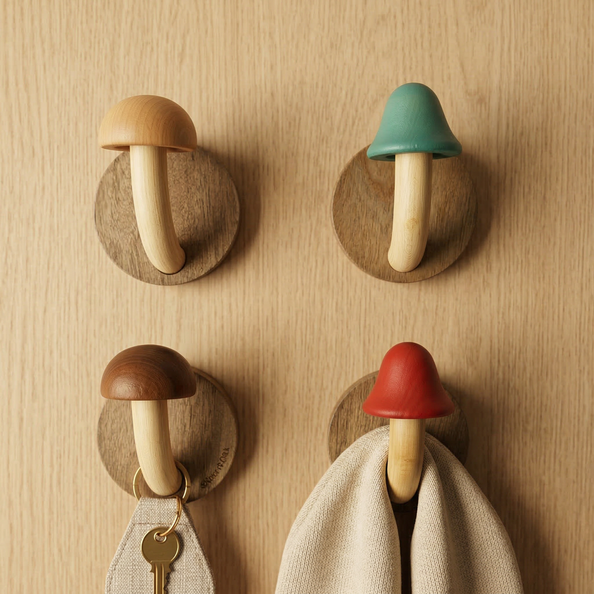 Set di Ganci a Parete a Fungo in Legno Artigianale Elara Haus