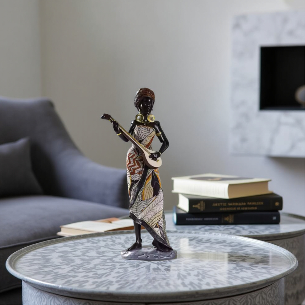 Elara Haus Set di Statue di Donna Africana in Resina di Alta Qualità – Set di 3 Musicisti