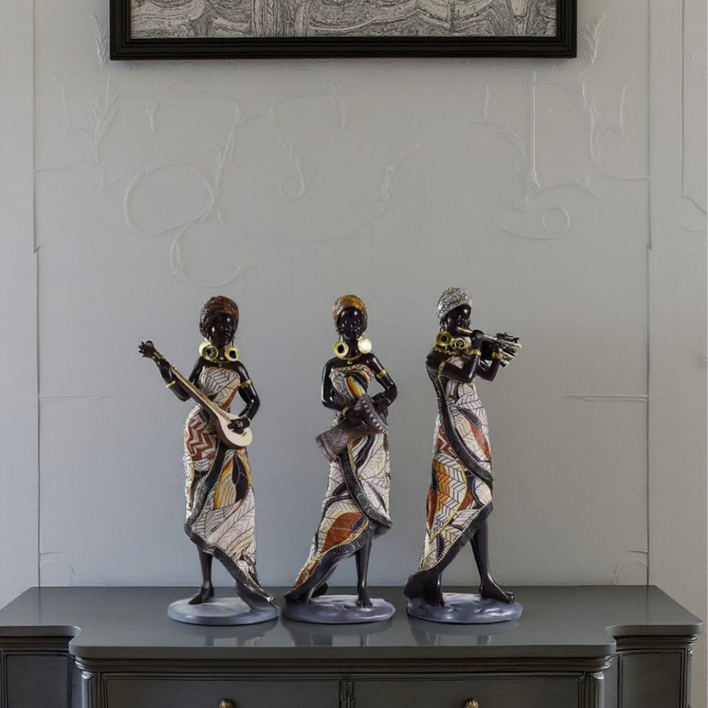 Elara Haus Set di Statue di Donna Africana in Resina di Alta Qualità – Set di 3 Musicisti