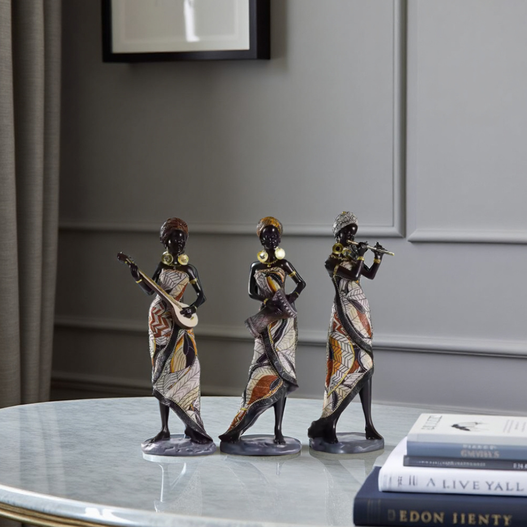 Elara Haus Set di Statue di Donna Africana in Resina di Alta Qualità – Set di 3 Musicisti