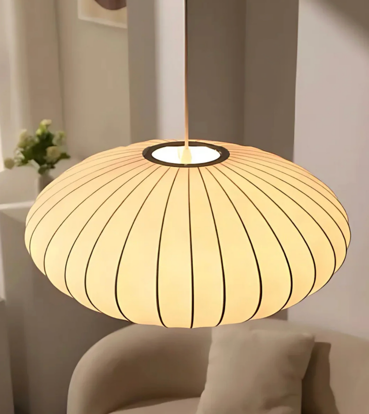 Elara Haus Lampada a Sospensione in Stile Giapponese con Ombra Ovale in Seta a Righe
