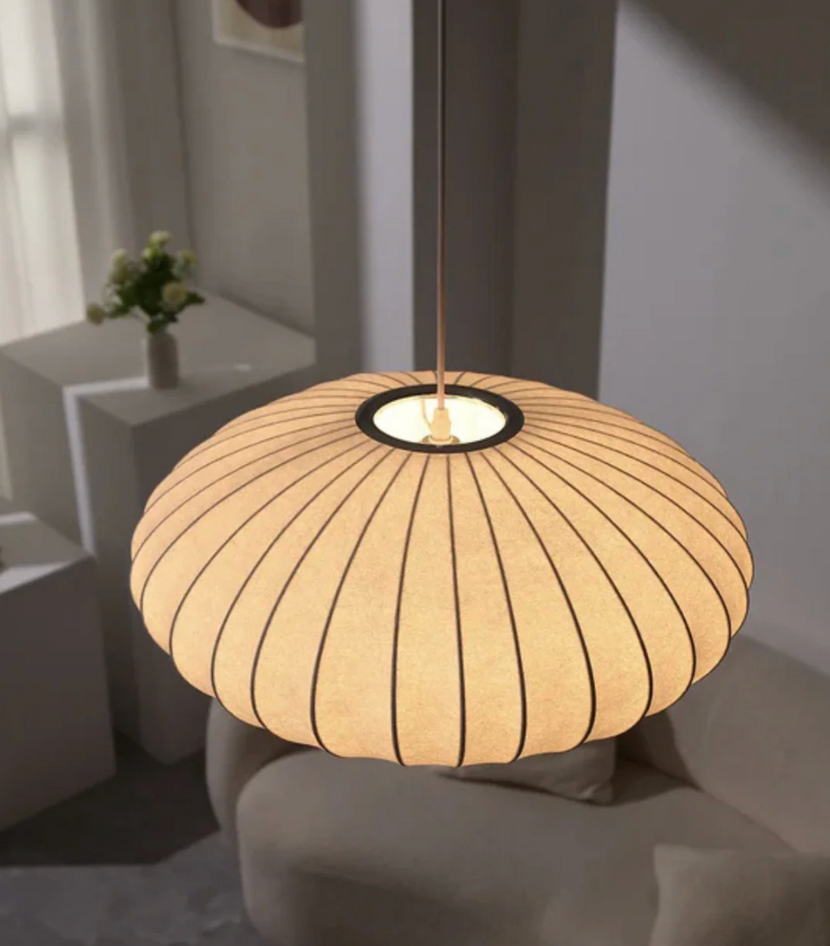 Elara Haus Lampada a Sospensione in Stile Giapponese con Ombra Ovale in Seta a Righe