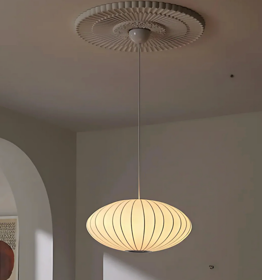 Elara Haus Lampada a Sospensione in Stile Giapponese con Ombra Ovale in Seta a Righe