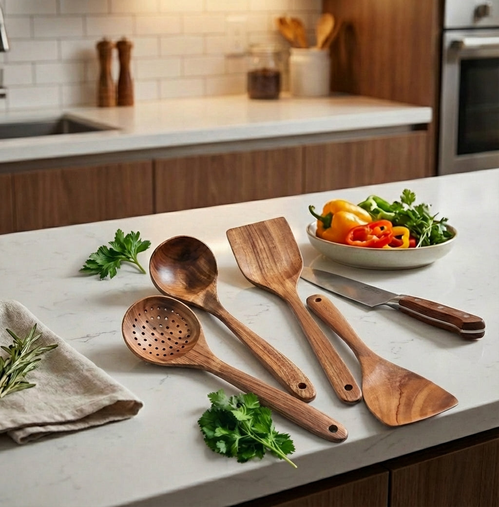 Set di Utensili da Cucina Elara Haus - Strumenti da Cucina Eco-Friendly in Teak Fatti a Mano