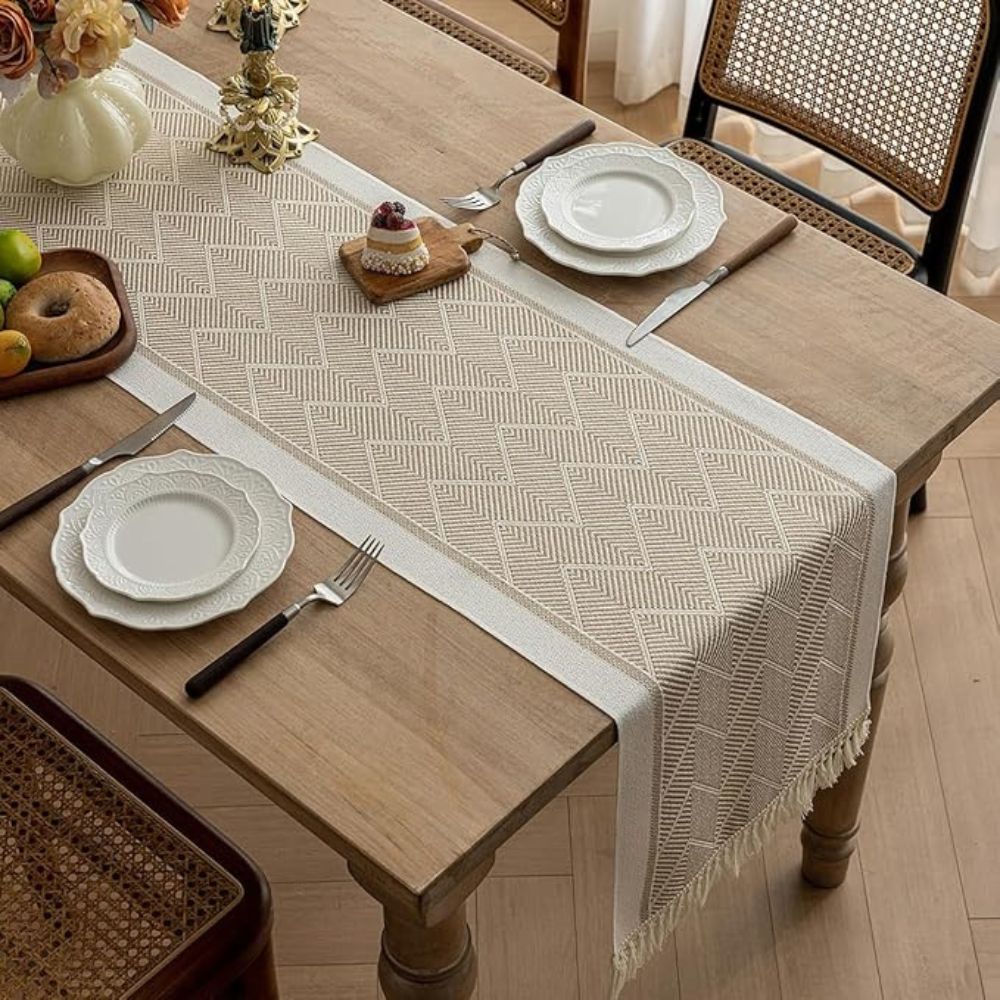Elara Haus Modern Arid Loom – Runner da tavolo tessuto a rilievo lineare minimalista
