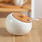 Elara Haus Ciotola di Zucchero in Ceramica Moderno Dimpled con Coperchio in Bambù