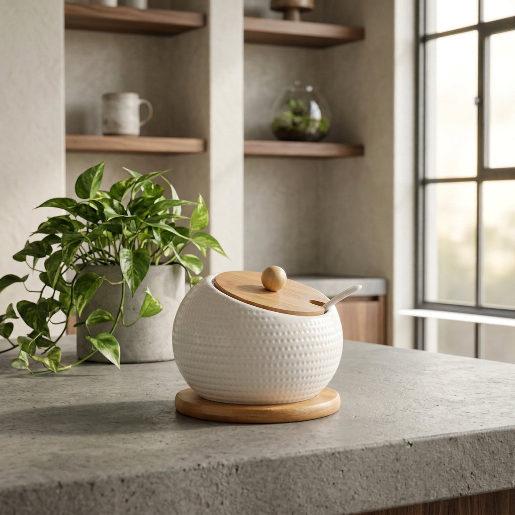 Elara Haus Ciotola di Zucchero in Ceramica Moderno Dimpled con Coperchio in Bambù