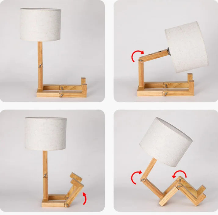 Lampada da tavolo Elara Haus con manichino in legno posabile e paralume in tessuto