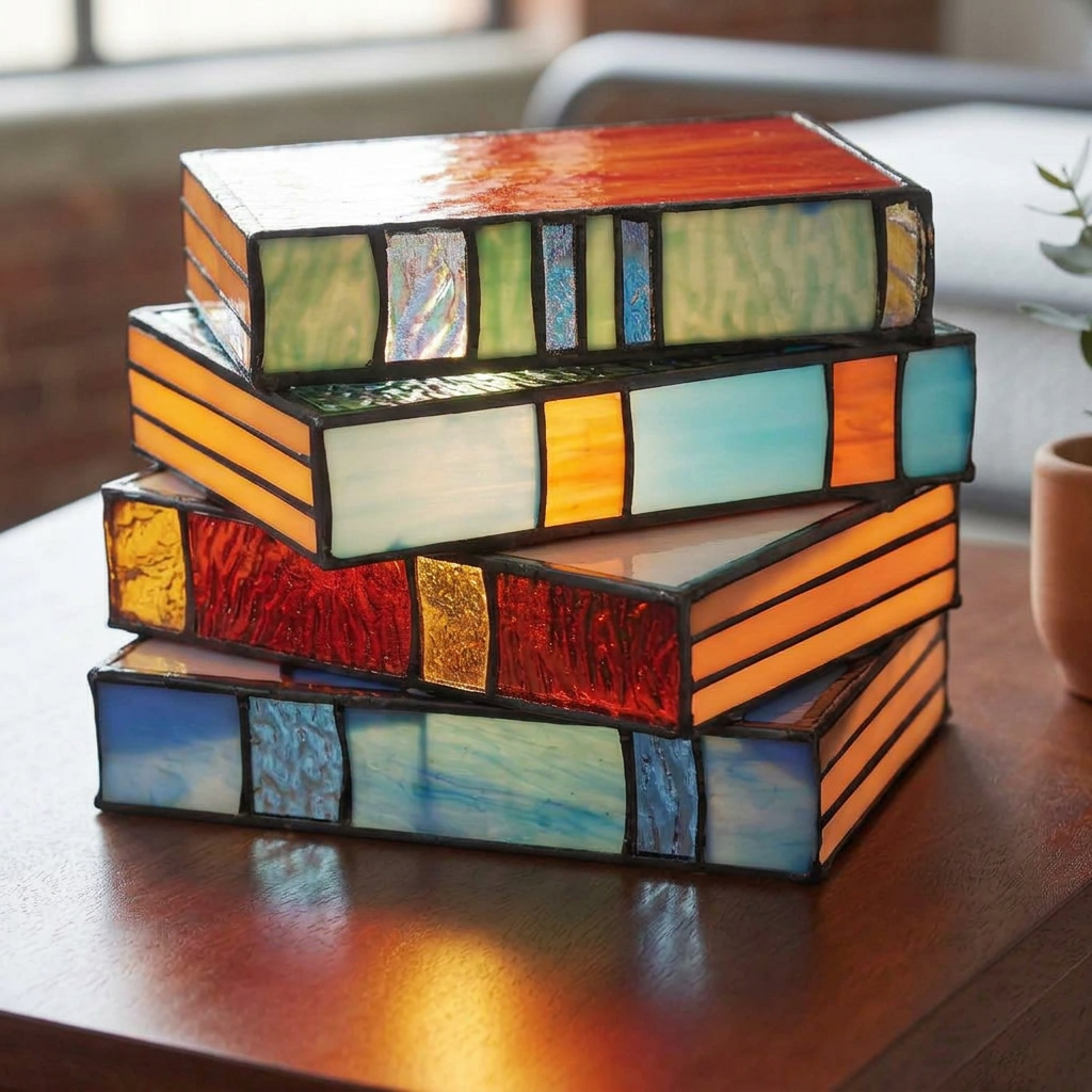 Lampada da Tavolo Elara Haus in Vetro Colorato con Libri Impilati