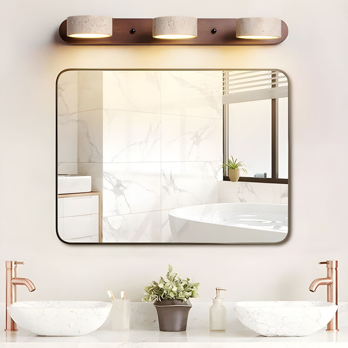 Elara Haus Applique in Travertino Doppio – Luce da Parete in Pietra Calcarea Pitting e Noce