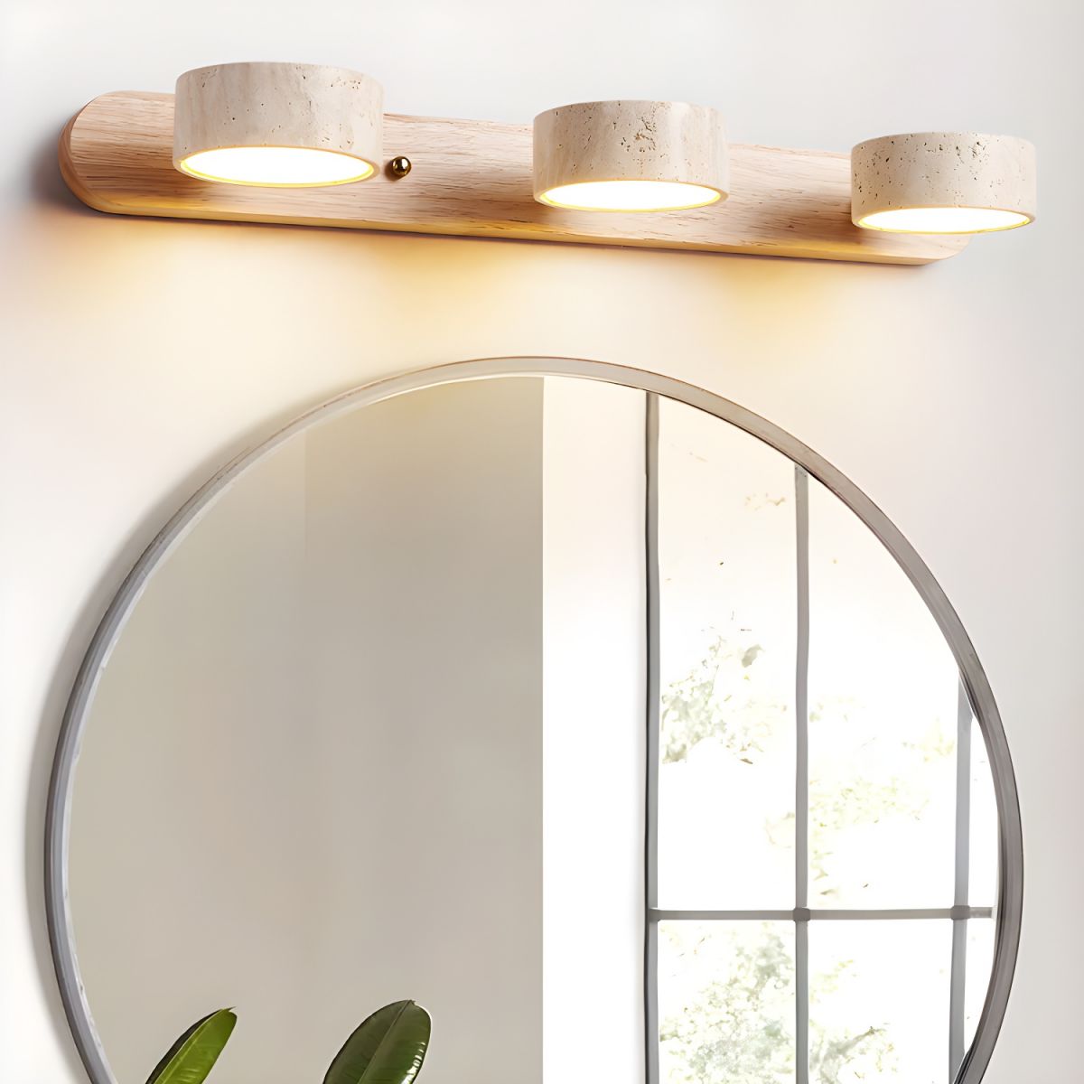 Elara Haus Applique in Travertino Doppio – Luce da Parete in Pietra Calcarea Pitting e Noce
