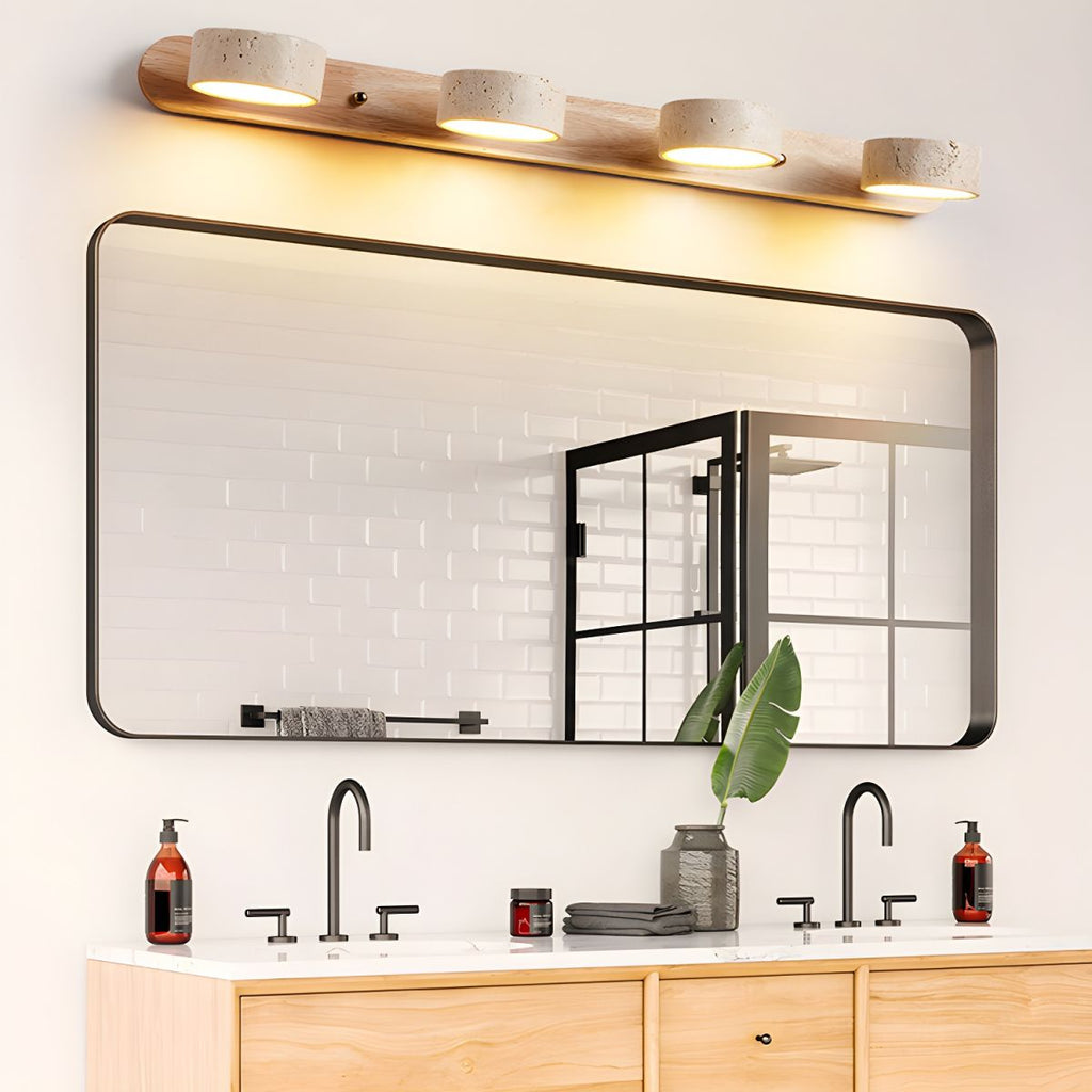 Elara Haus Applique in Travertino Doppio – Luce da Parete in Pietra Calcarea Pitting e Noce
