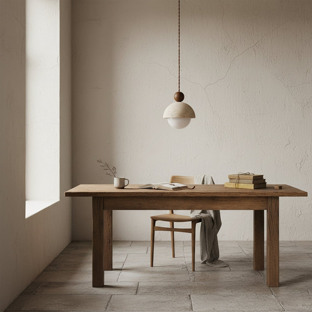 Elara Haus Pendente in Pietra Travertino - Finitura in Legno Naturale e Vetro