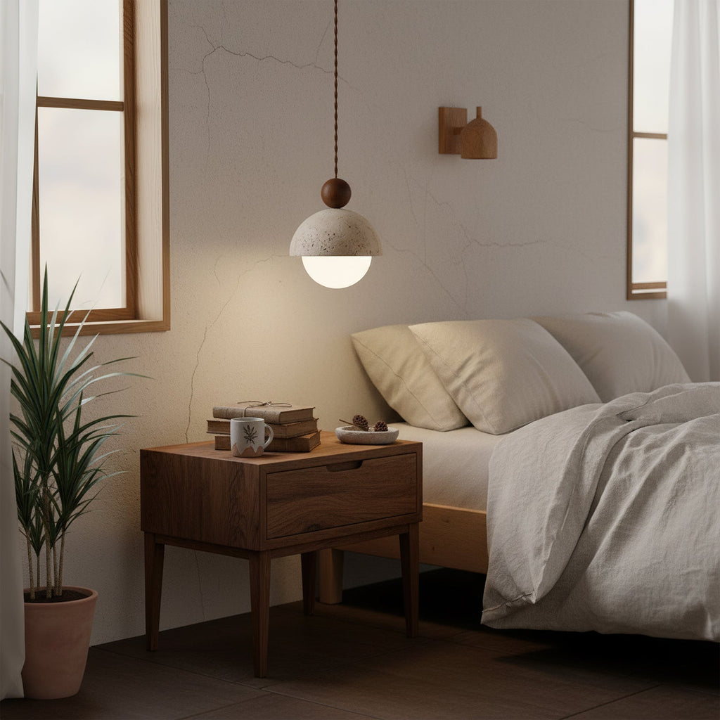 Elara Haus Pendente in Pietra Travertino - Finitura in Legno Naturale e Vetro