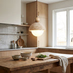Elara Haus Pendente in Pietra Travertino - Finitura in Legno Naturale e Vetro