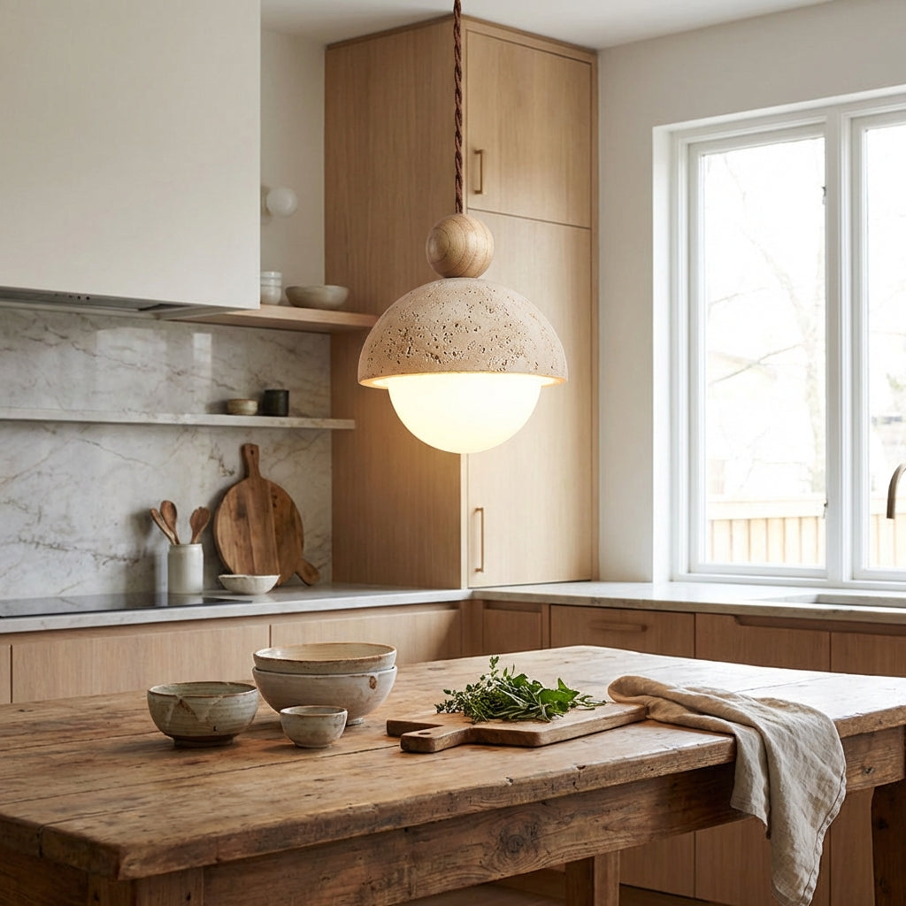 Elara Haus Pendente in Pietra Travertino - Finitura in Legno Naturale e Vetro