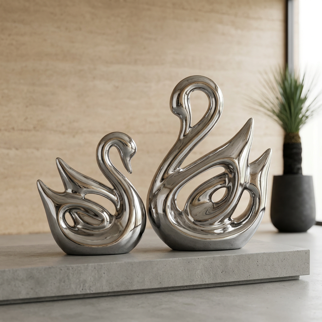 Scultura in Argento di Alta Qualità a Forma di Cigno di Coppia Elara Haus - Decorazione Simbolica per la Casa