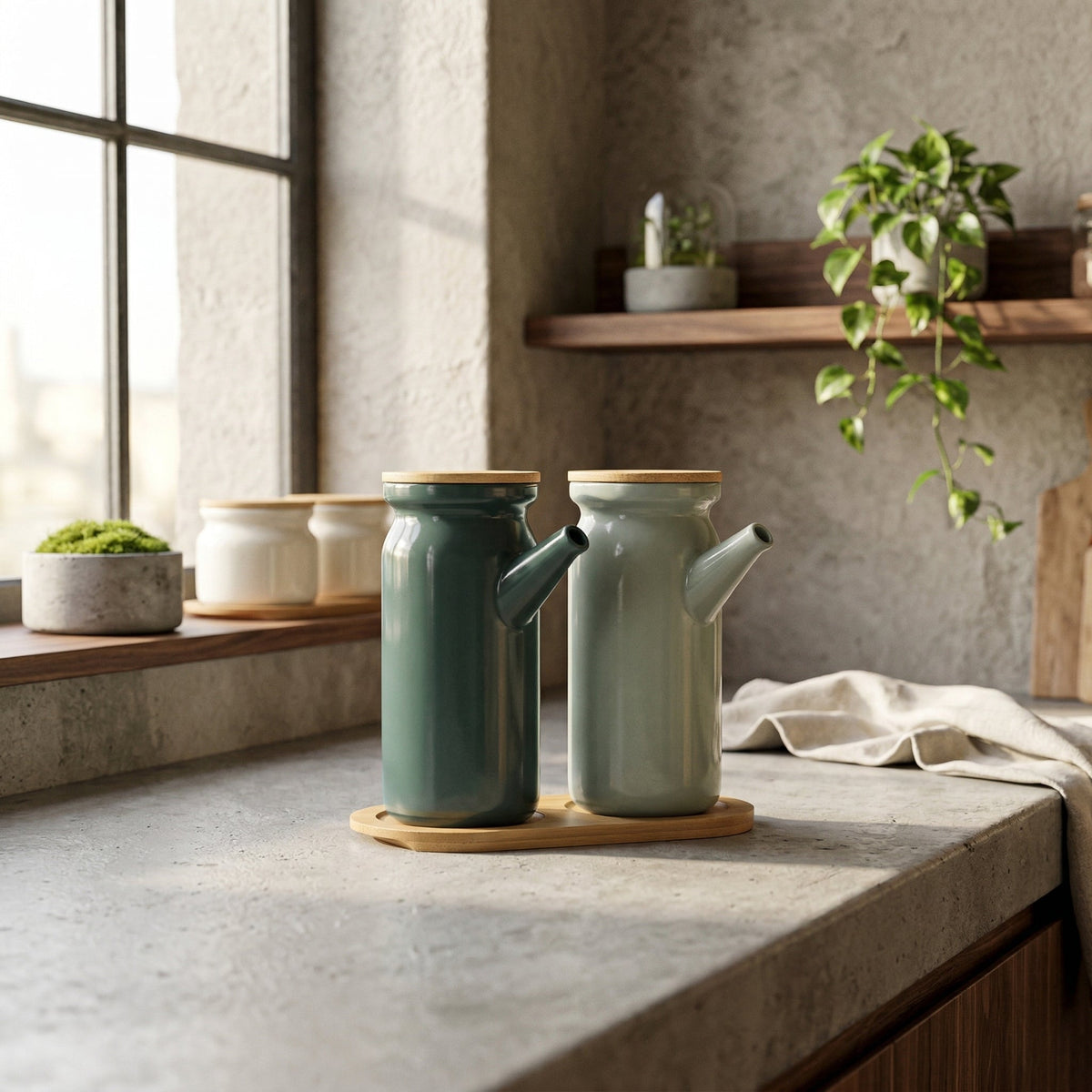 Dispenser Ceramico per Olio e Aceto Elara Haus – Teal e Bambù