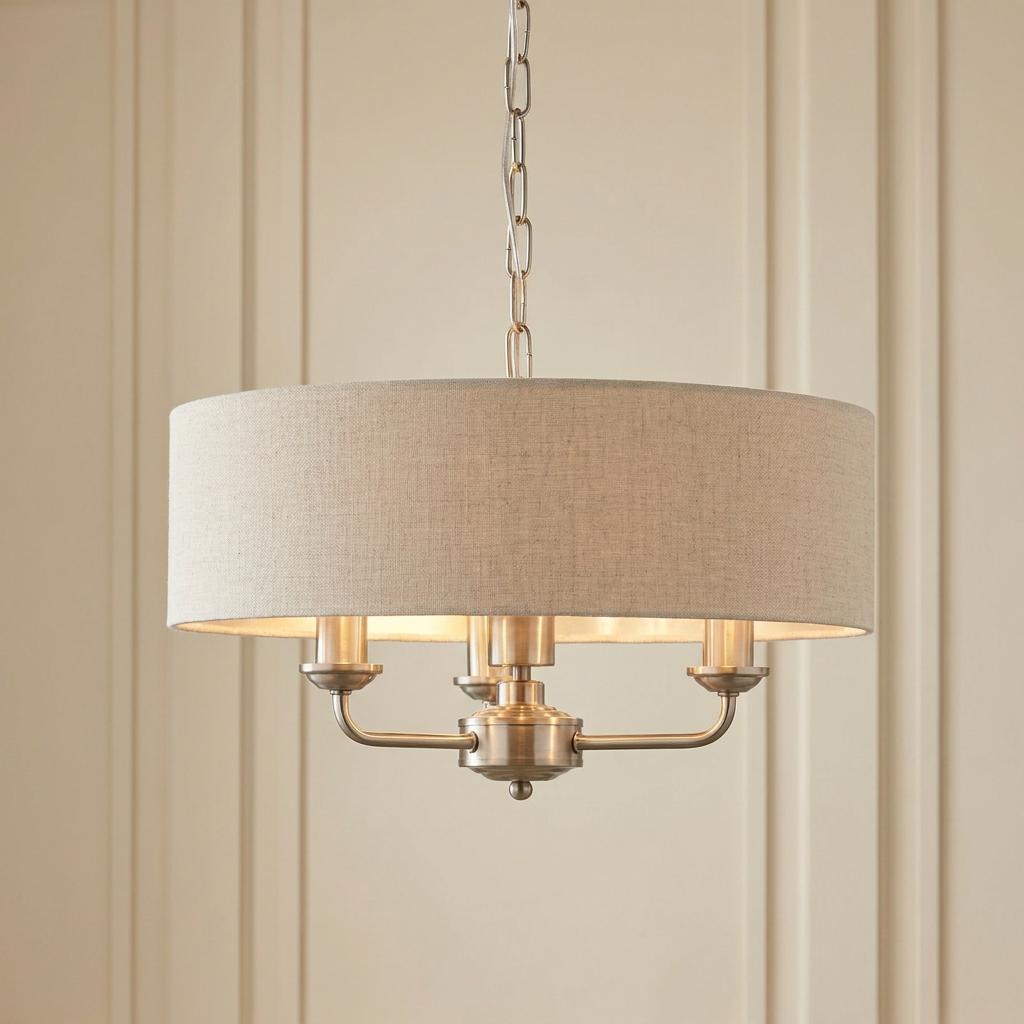 Lampadario Endon Highclere in Cromo Spazzolato con 3 Luci - Paralume in Lino Naturale
