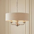 Lampadario Endon Highclere in Cromo Spazzolato con 3 Luci - Paralume in Lino Naturale