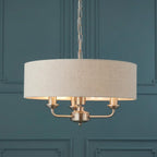 Lampadario Endon Highclere in Cromo Spazzolato con 3 Luci - Paralume in Lino Naturale